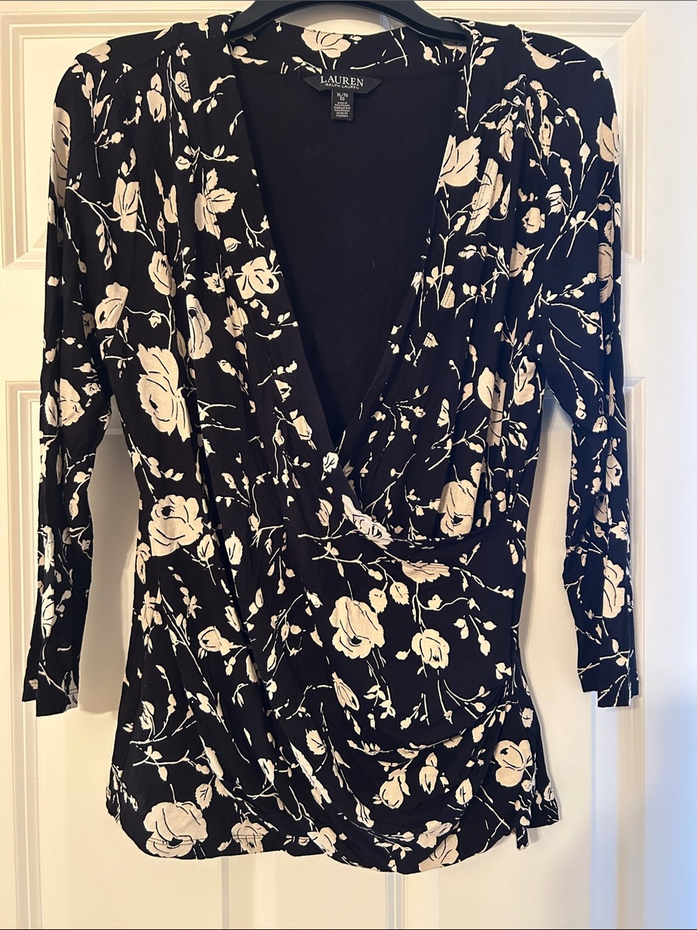 Lauren Ralph Lauren Black and Cream Floral Wrap Blouse
